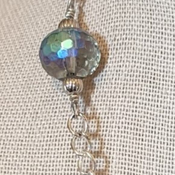 Cut Out Diamond Shape Pendant with Blue AB Crystal Beads on Silver Tone Necklace - Picture 9 of 10